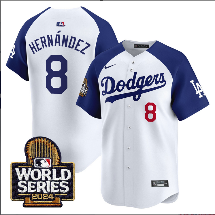 Men MLB Los Angeles Dodgers #8 Hernandez white 2024 World Series Champions Patch Limited Jersey20241105 style 2->los angeles dodgers->MLB Jersey